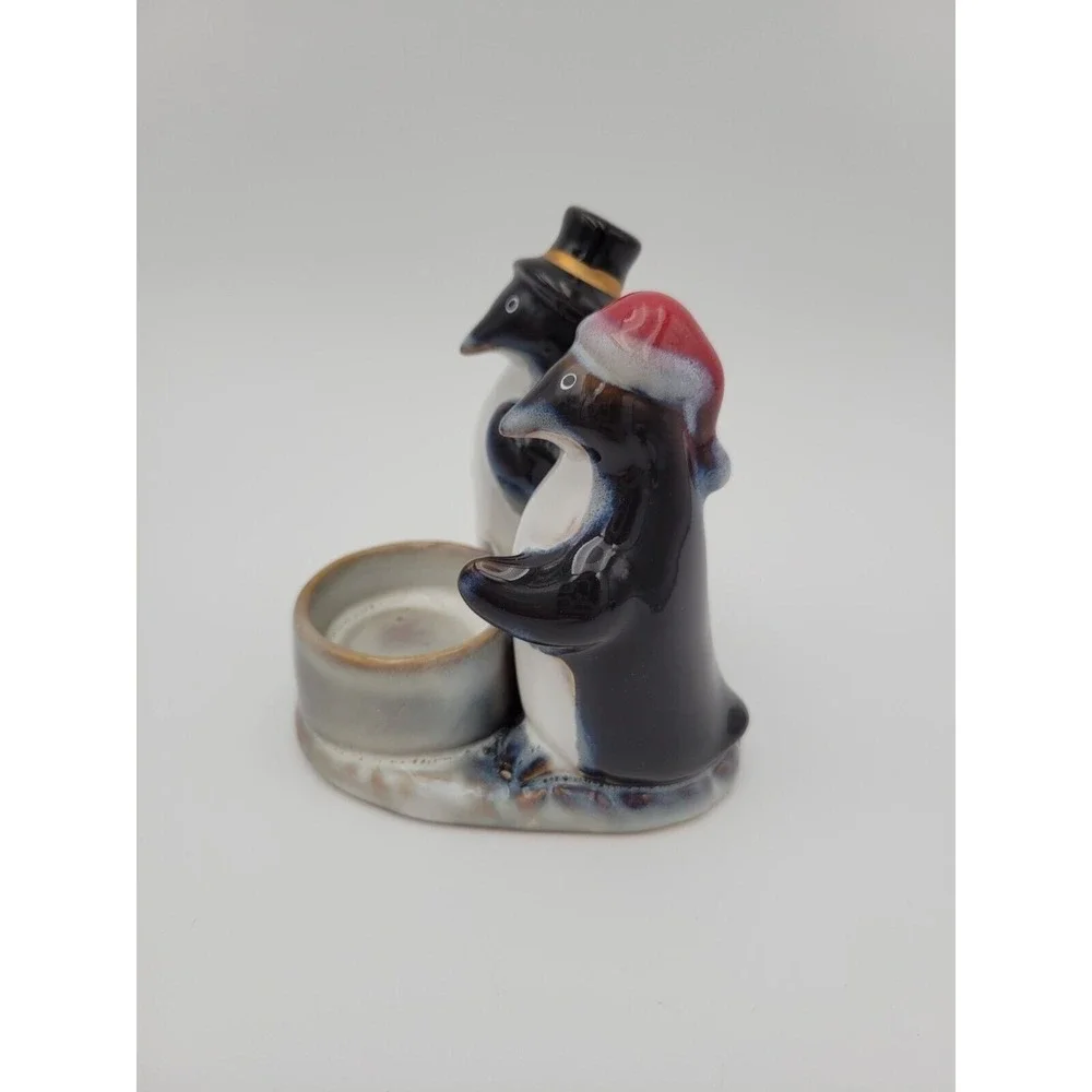 Christmas Penguins Couple Tealight candle Holder Top Hat Santa‎ Hat